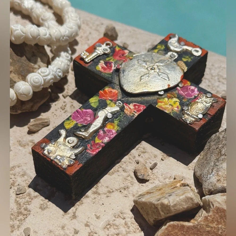 Milagros Silver Metal Charm Spanish Folk Art Painted Wood Cross-Charcoal